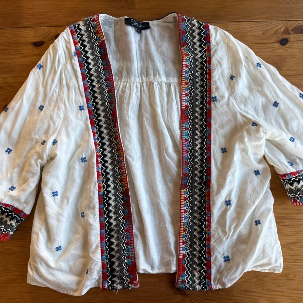 Rolla's White Embroidered Open Kimono Jacket with Multicolor Trim XS